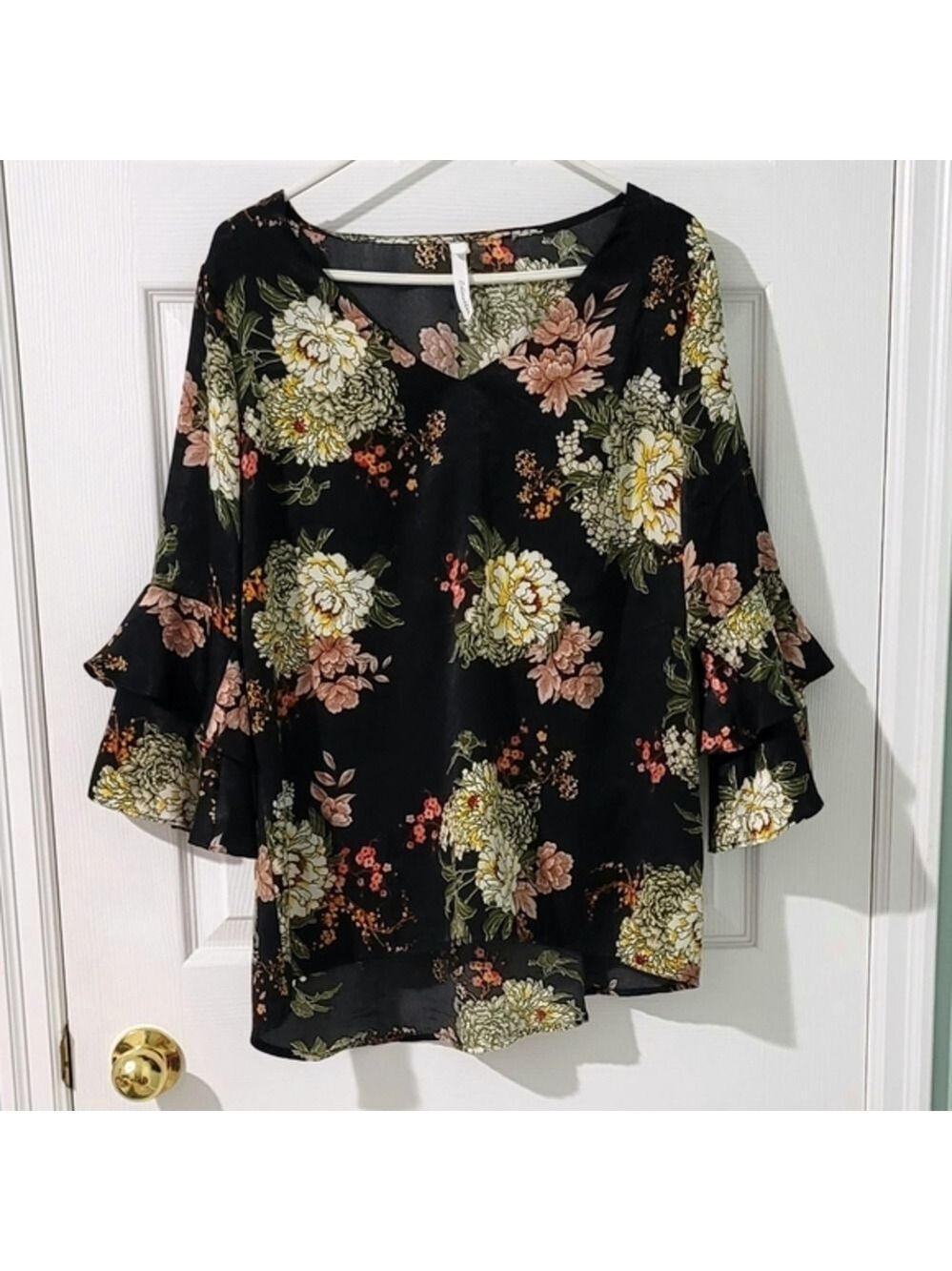 NY Collection Women's Floral Long Sleeve Ruffled Blouse Size L